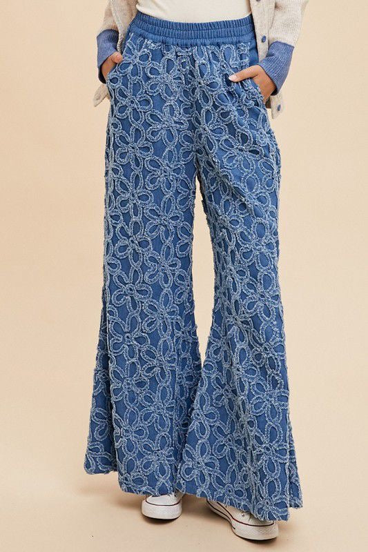 FLOWER CHENILLE DENIM WIDE PALAZZO PANTS