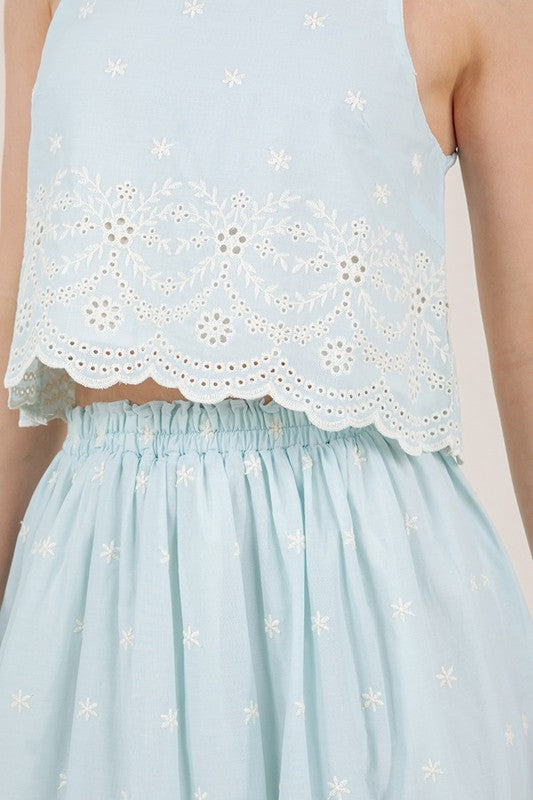 Embroidery Light Blue Crop Top & Skirt