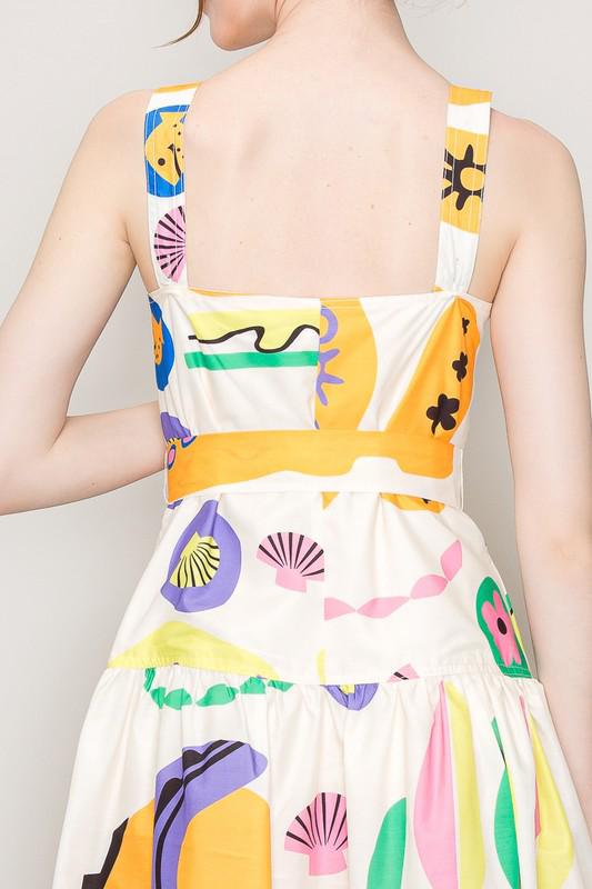 Multicolor Print Maxi Dress with Waist Tie