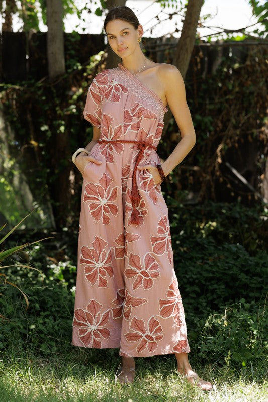 One-shoulder Floral Embroidered Jumpsuit(Pre order)