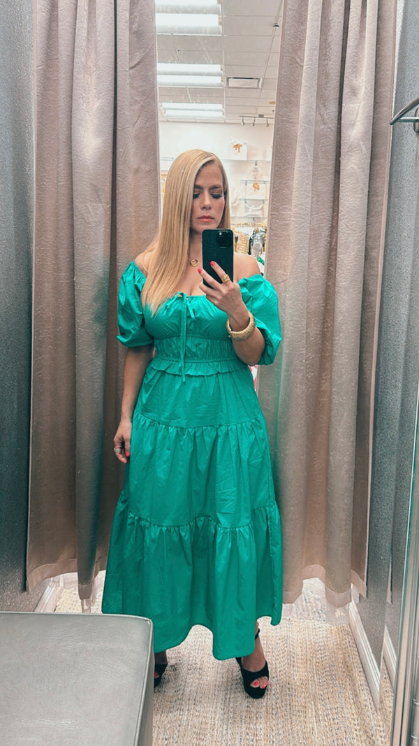 Off shoulder jade green midi dress