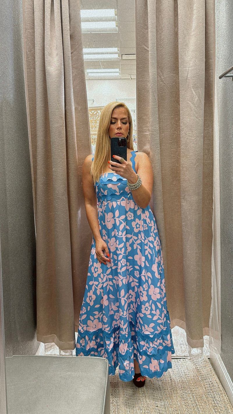 Strap floral blue-pink maxi dress