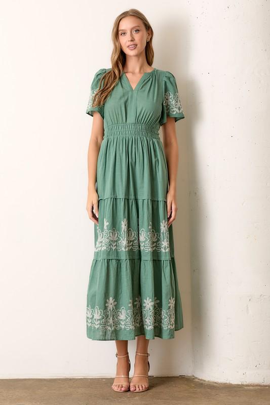 Sage Embroidered Boho Maxi Dress