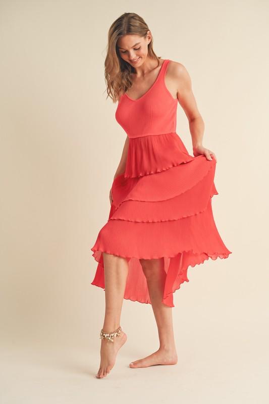 Pleated Layered Orange Red Midi Dress