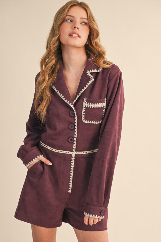 Suede Long Sleeve Button Down Romper(Pre order)