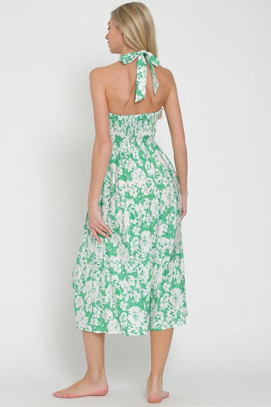 Halter green/white midi dress