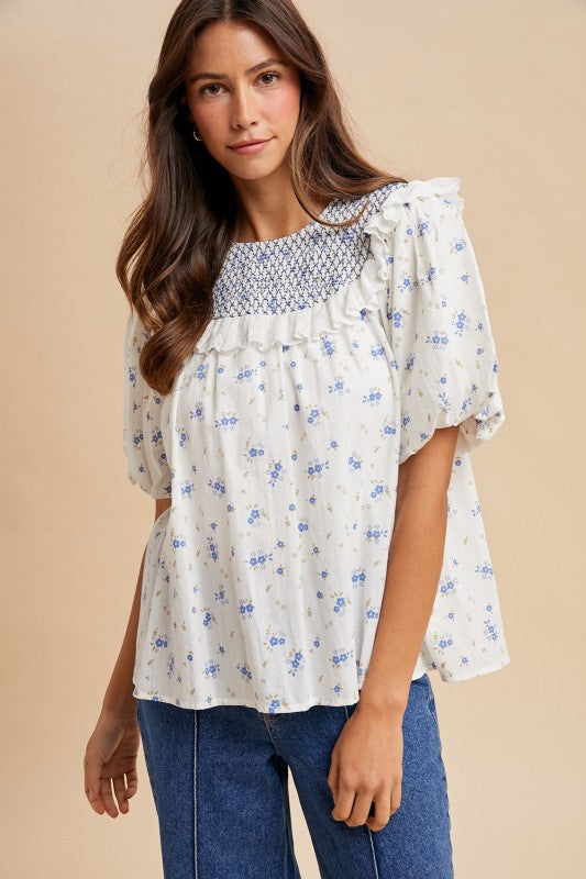 Contrast Stitching Smocked Floral Print Blouse(Pre order) (01/21/26 )