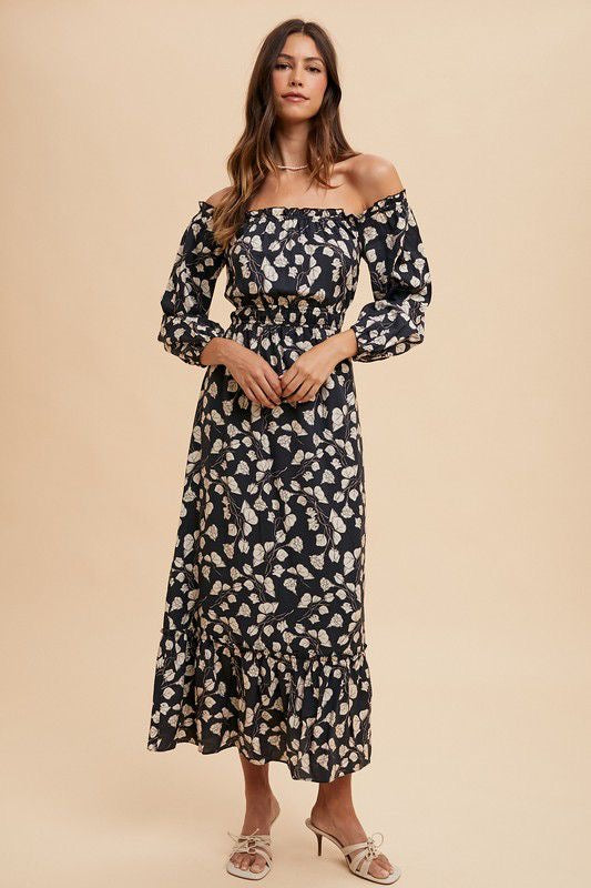 FLOWER PRINTED OFF THE SHOULDER MAXI DRESS