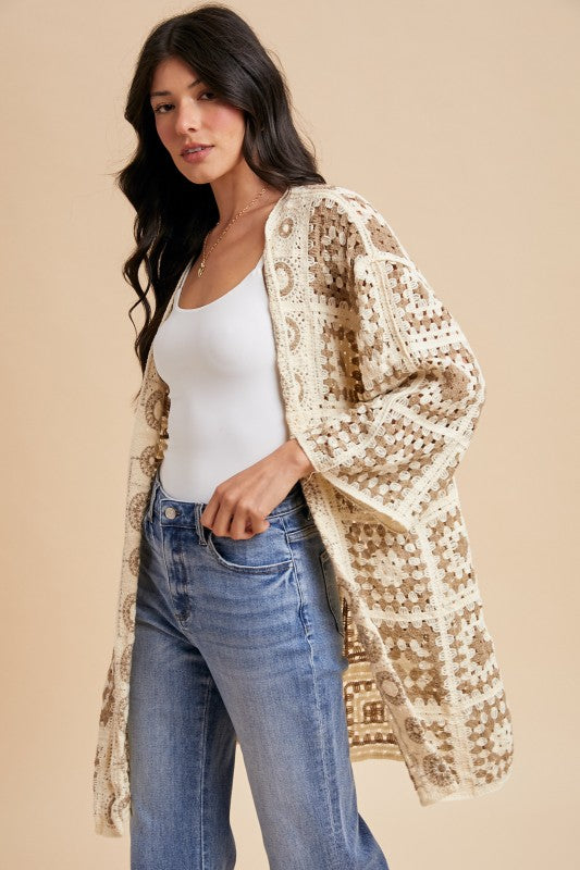 Crochet Knee Length Open Cardigan(Pre order)