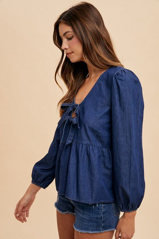 DENIM TIE FRONT PEPLUM BLOUSE