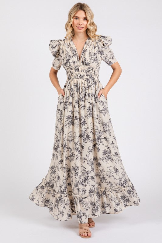 V Neck Ivory Print Maxi Dress