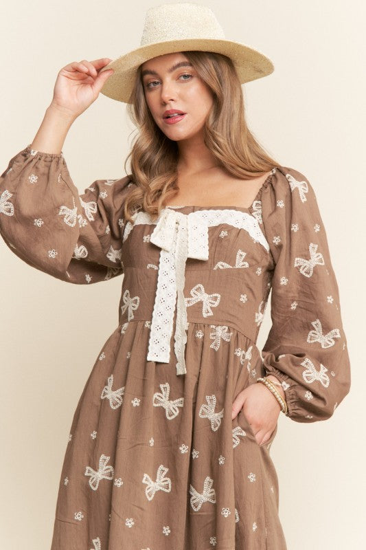 Embroidered Bows Long Sleeve Maxi(Pre order)