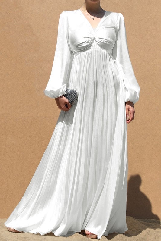 Pleated cream satin maxi dress