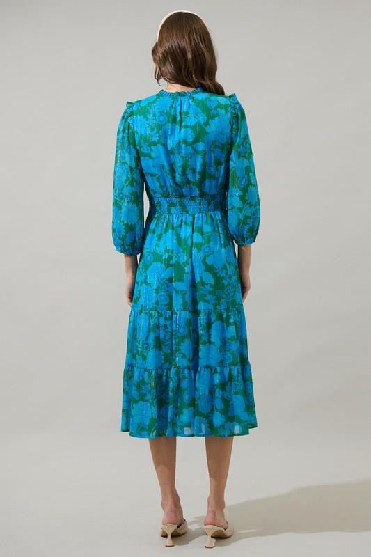 Blue Floral Midi Dress - Tiered Long Sleeve