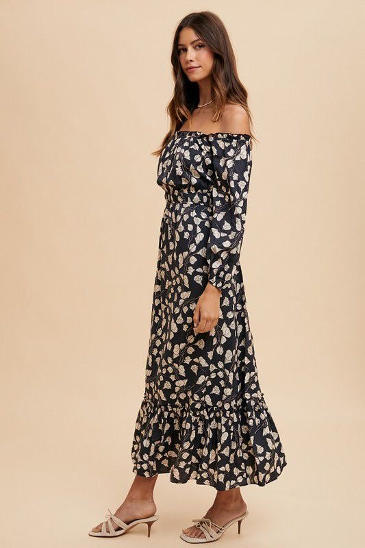 FLOWER PRINTED OFF THE SHOULDER MAXI DRESS