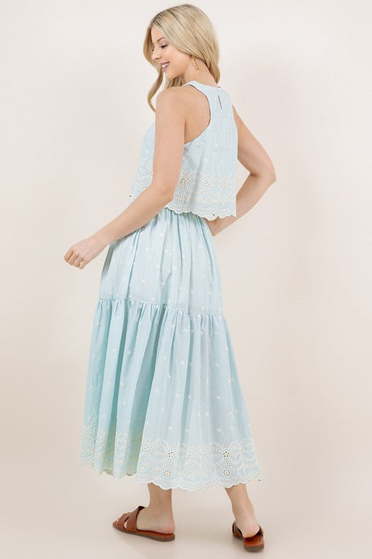 Embroidery Light Blue Crop Top & Skirt