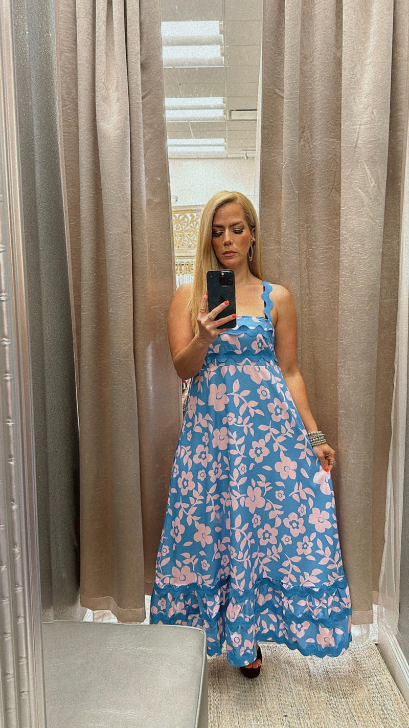 Strap floral blue-pink maxi dress