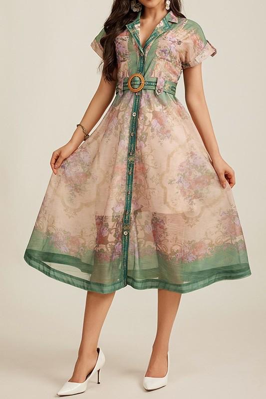 BLUE Floral Elegance Organza Button-Down Dress