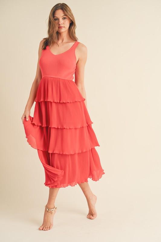 Pleated Layered Orange Red Midi Dress