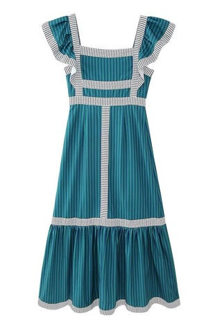 Square neck striped teal dress