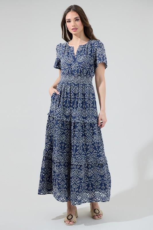 Navy Embroidered Midi Dress