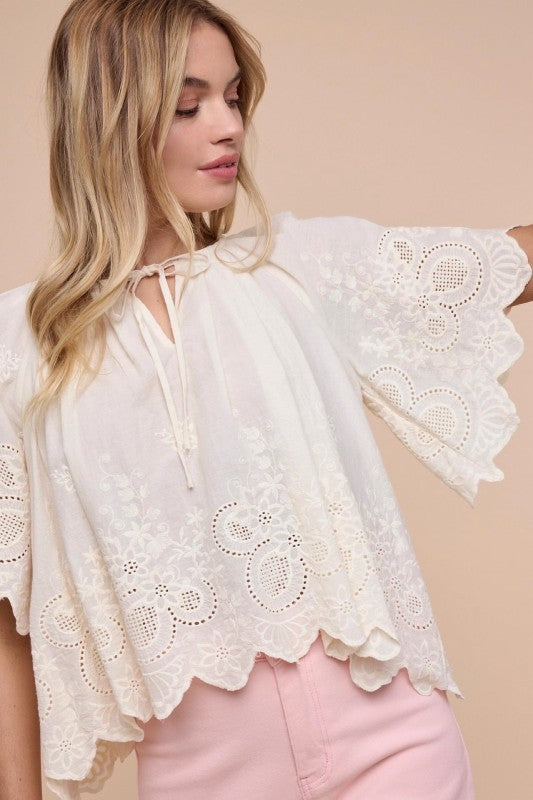 Floral Eyelet Cotton Scalloped Blouse(Pre order) (01/21/26)