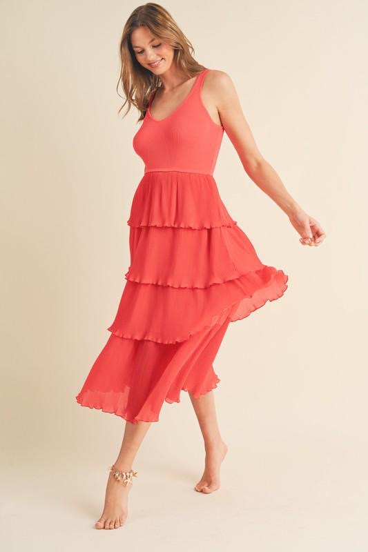 Pleated Layered Orange Red Midi Dress