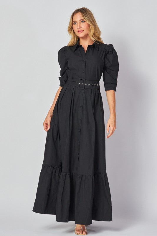 Black button down dress with belt