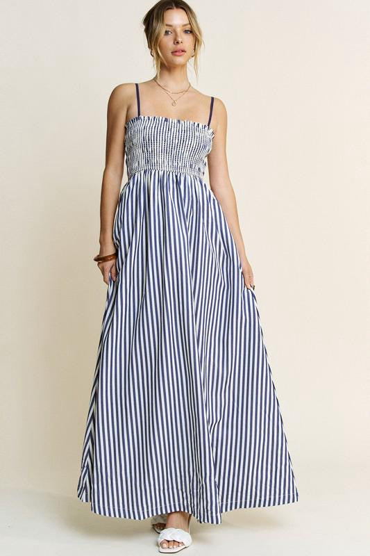 STRIPED SLEEVELESS SMOCKED POPLIN MAXI DRESS (PRE ORDER)