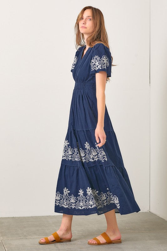 Navy Embroidered Boho Maxi Dress