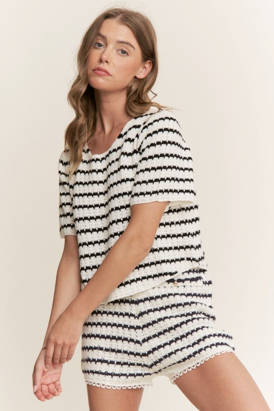 Sweater Striped Top With Casual Short Set
(Pre order)