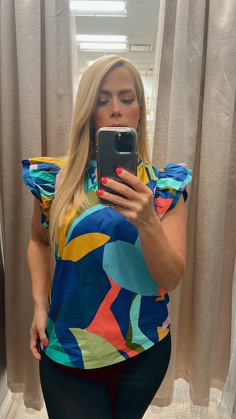 Abstract navy-yellow multicolor top