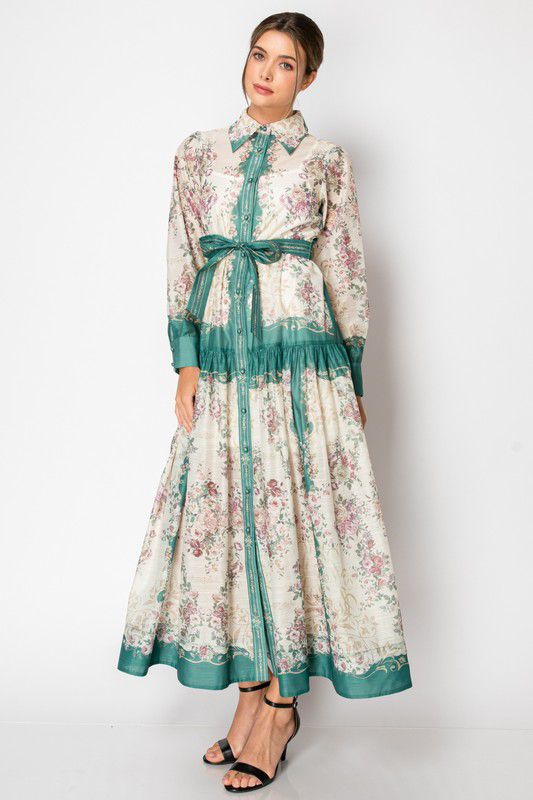 Green Floral Belted Maxi Dress