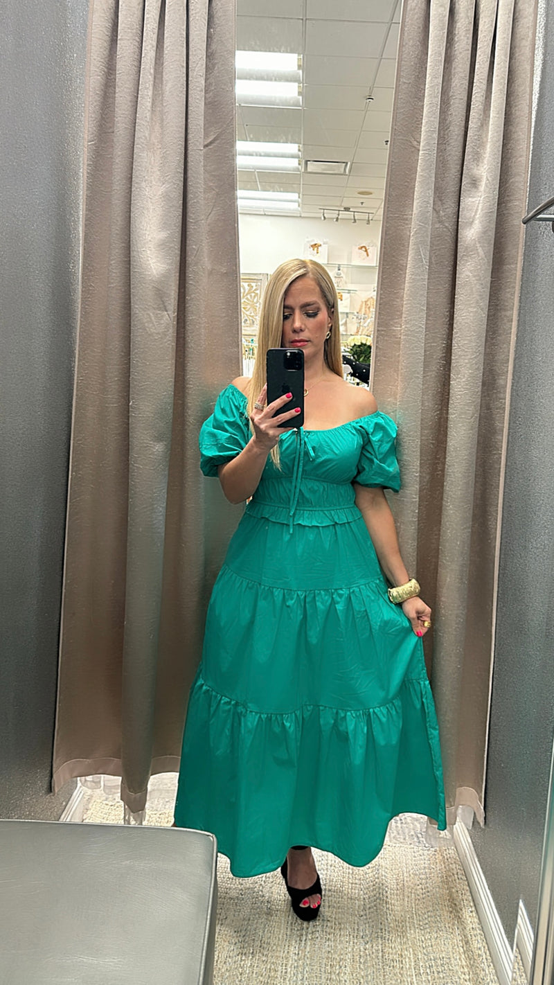 Off shoulder jade green midi dress