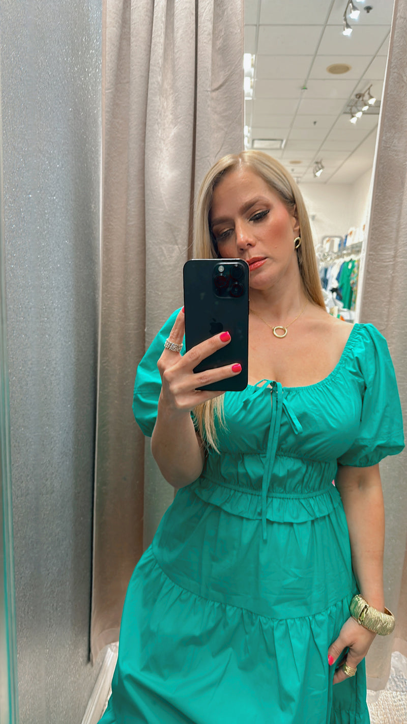 Off shoulder jade green midi dress