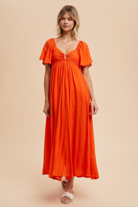 Linen orange red flutter sleeve dress