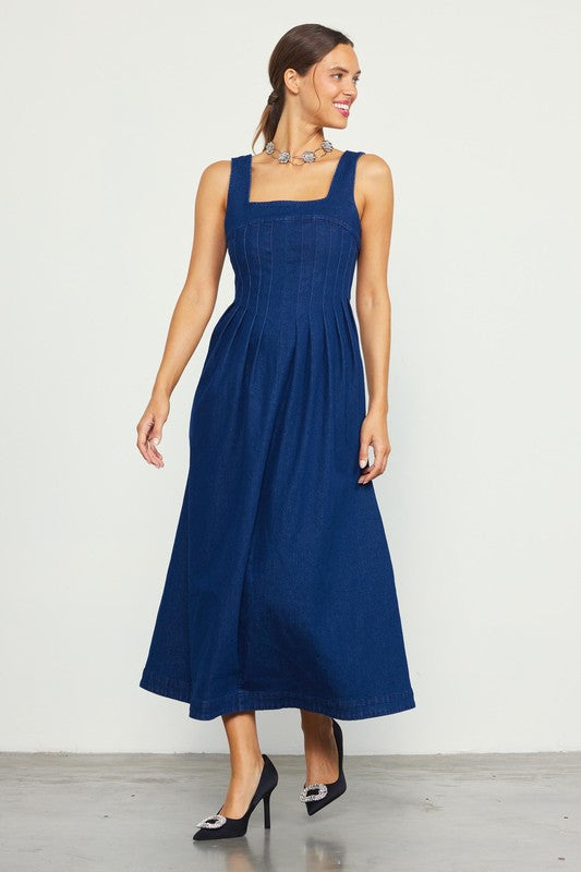 Square neck dark denim maxi dress