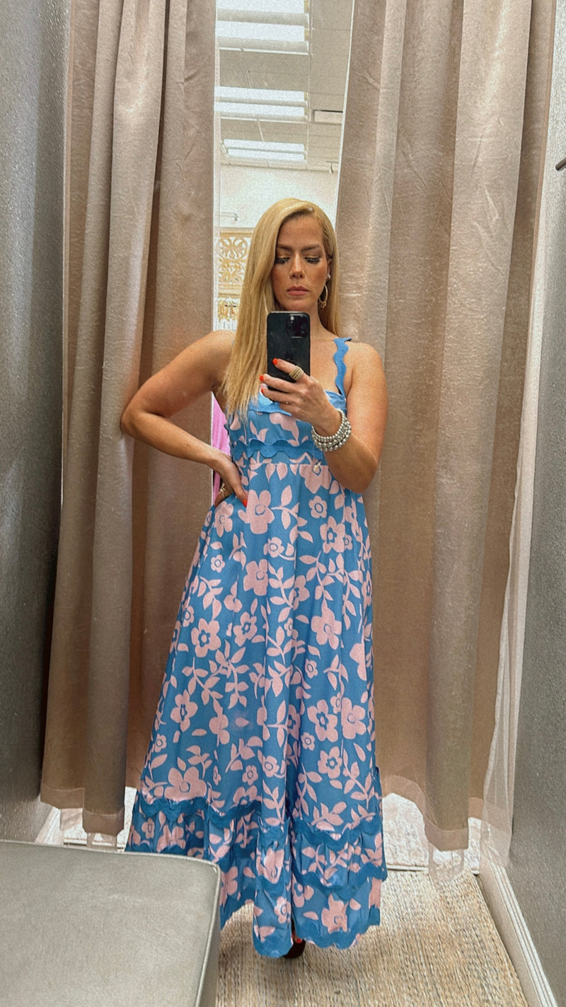 Strap floral blue-pink maxi dress