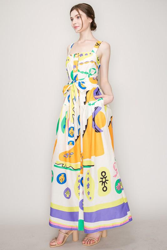 Multicolor Print Maxi Dress with Waist Tie