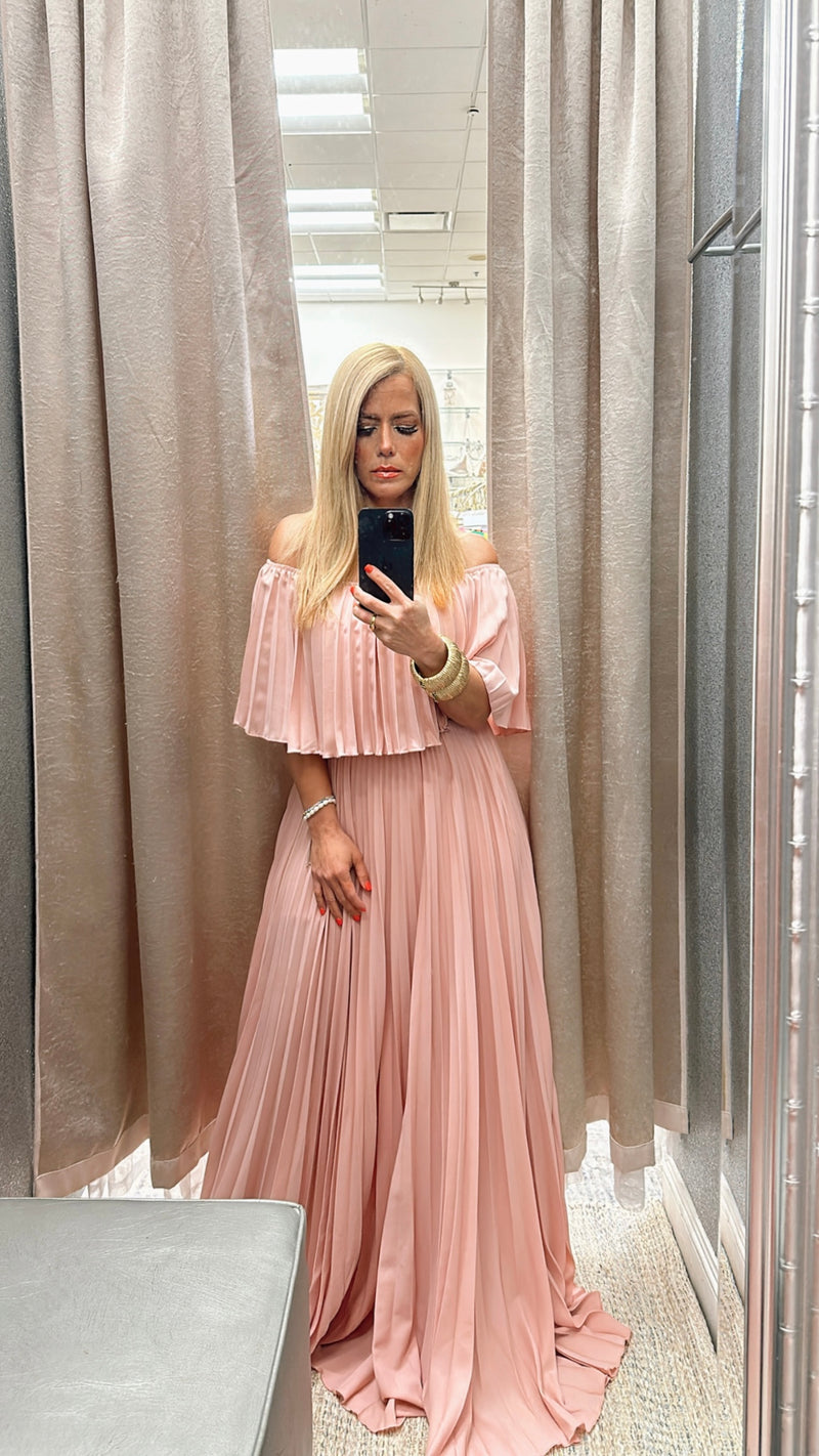 Off shoulder pleated pink bell