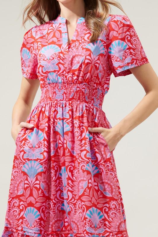 Red, Pink & Blue Print Midi Dress