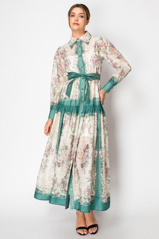 Green Floral Belted Maxi Dress