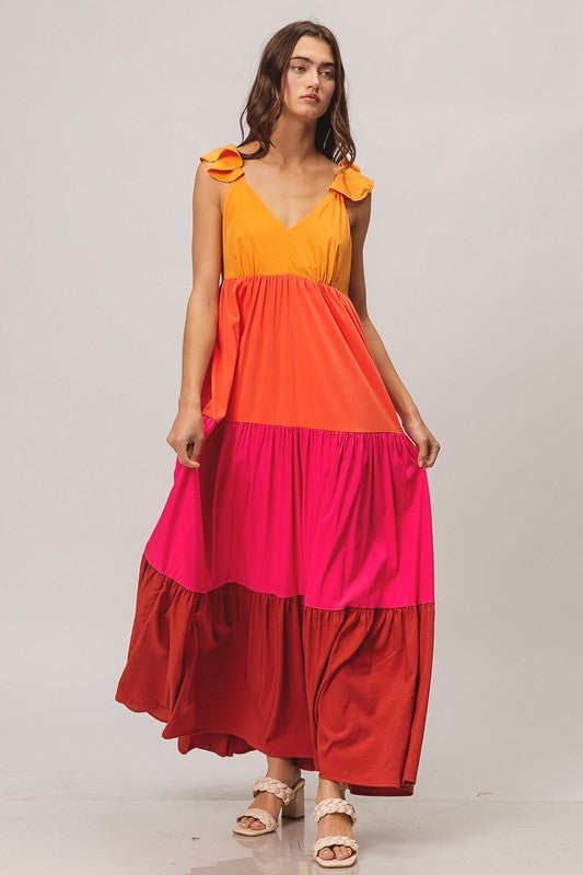 Color Block Apricot Maxi Dress