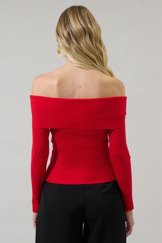 Red Off-Shoulder Ribbed Knit Top