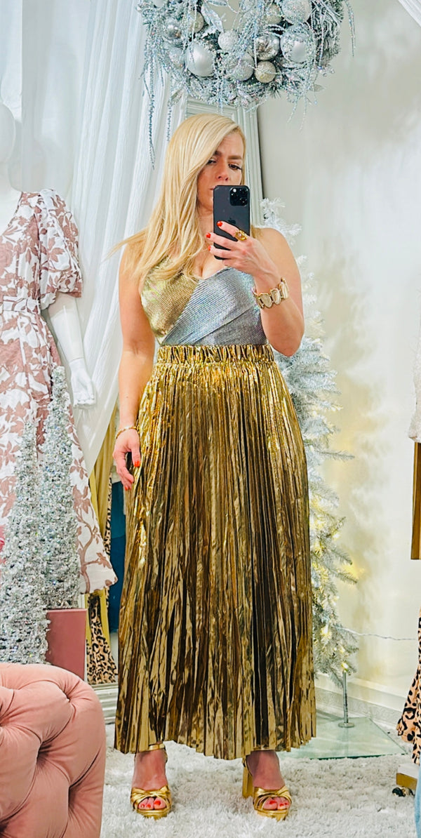 Metallic pleated maxi skirt set