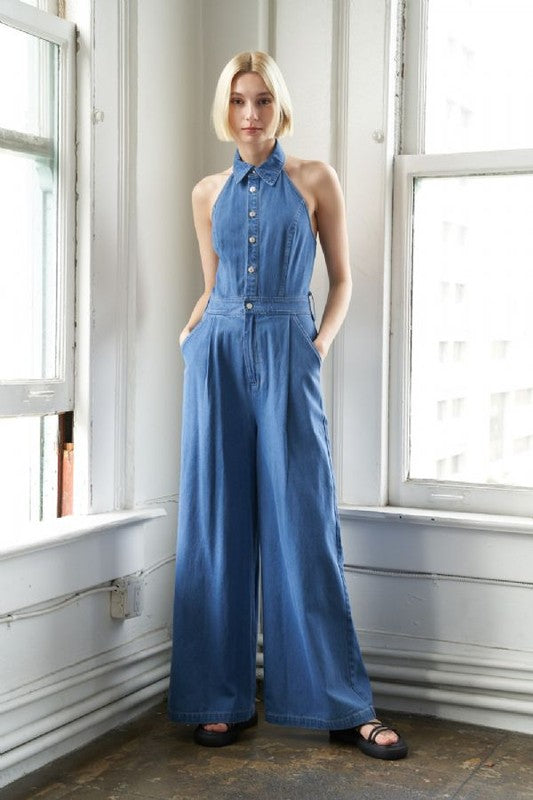 Halter shirt denim wide leg jumpsuit