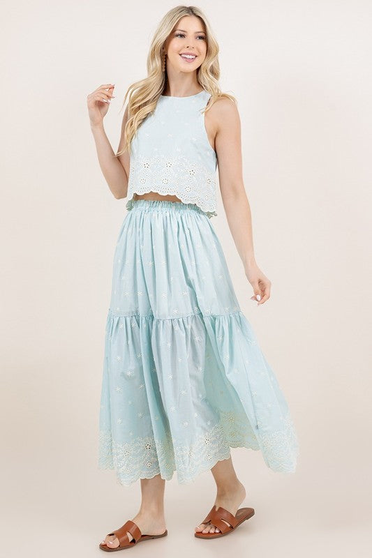 Embroidery Light Blue Crop Top & Skirt