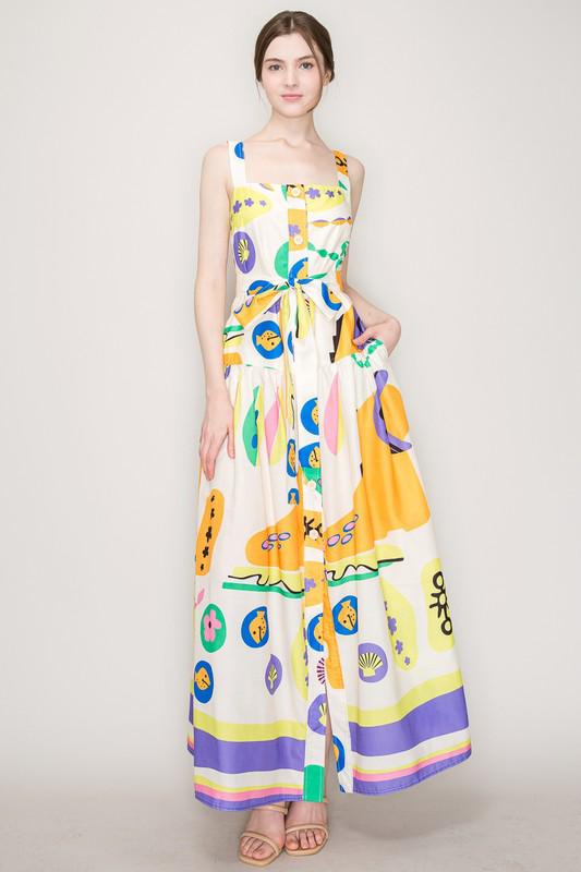 Multicolor Print Maxi Dress with Waist Tie