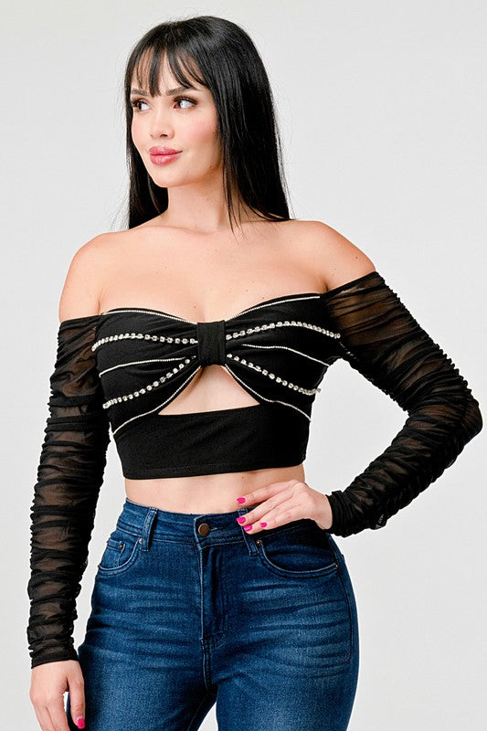 Off shoulder rhy detail black top