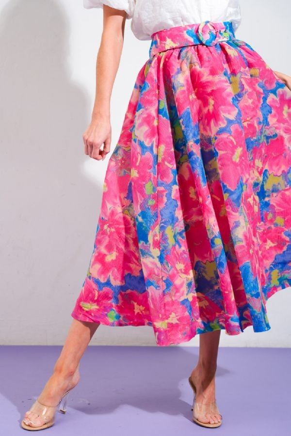 Floral Pink-blue belted skirt